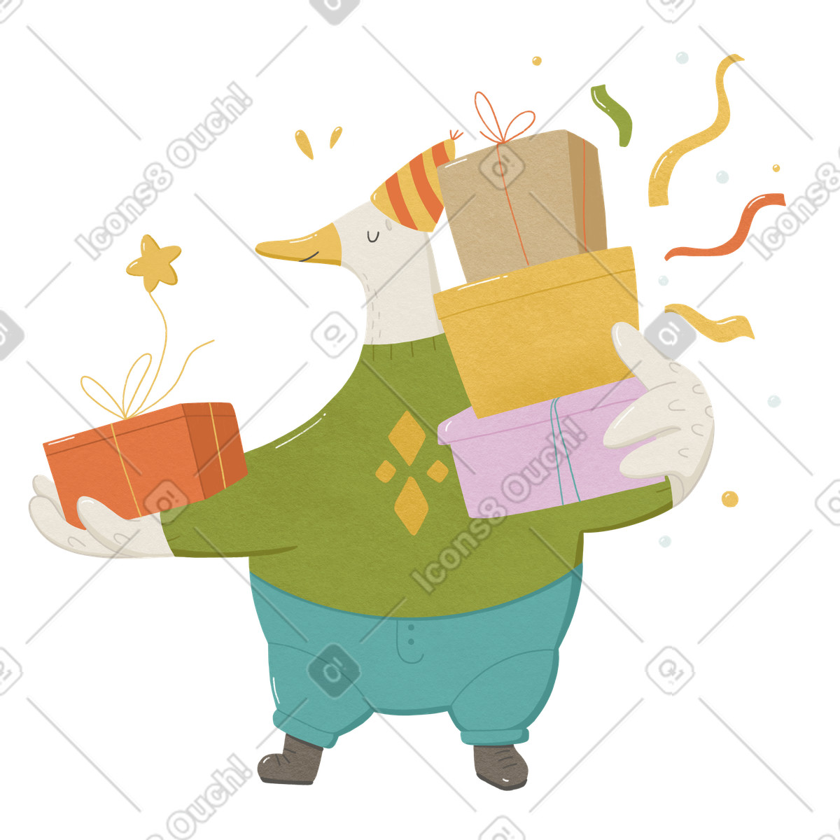 Ilustração de Ganso está bem vestido e tem muitos presentes para um feriado ou venda em no estilo Goose baixar em PNG, SVG