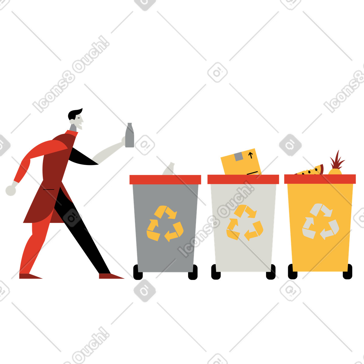 Illustration Un homme met ses déchets dans une poubelle de recyclage le style Burgundy à télécharger aux formats PNG, SVG