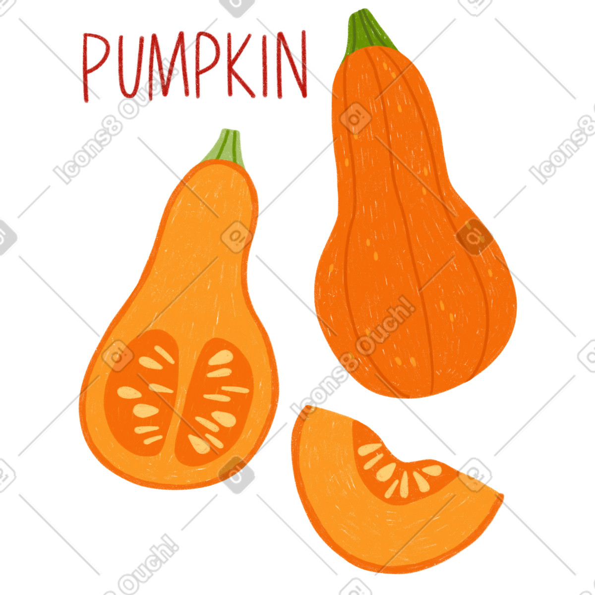 Ilustración Calabaza, media calabaza y trozo de con letras en estilo Cozy a descargar en PNG SVG