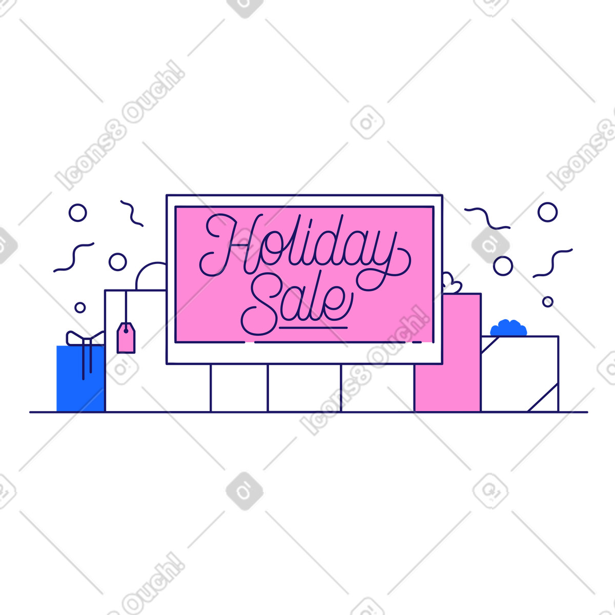 Lettering holiday sale in monitor con confezioni regalo illustrazione stile Matey scarica PNG, SVG