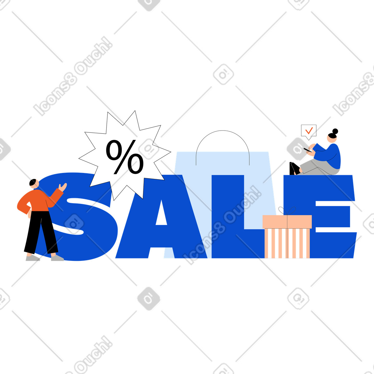 Scritte di vendita testo con sconti e persone che acquistano illustrazione in stile Tiny scarica in PNG, SVG