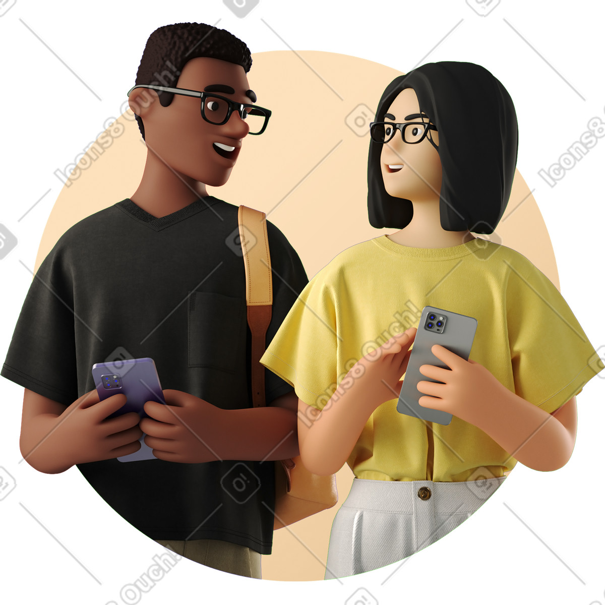 Ilustração de Smiling man and woman with phones em no estilo 3D Business para baixar em PNG, SVG