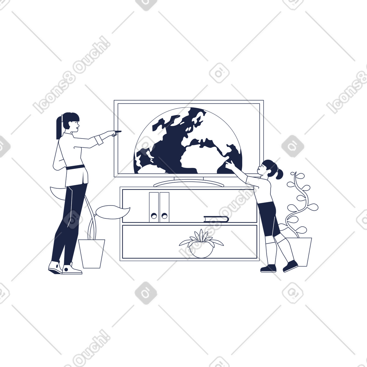 Teacher explaining continents to student, Geography education for kids illustration in Urban Line style download in PNG, SVG