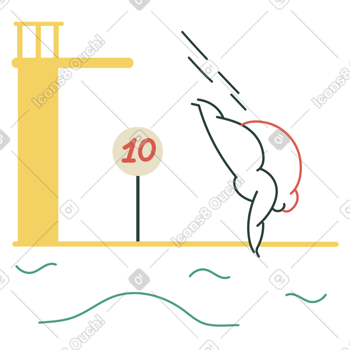 Woman diving off platform into pool illustration in Macaroni style download in PNG, SVG
