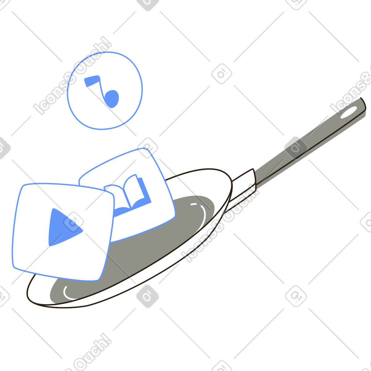 Illustration Poêle à frire avec icônes multimédias, offre groupée de services numériques, abonnement au contenu dans le style Plain télécharger aux formats PNG, SVG