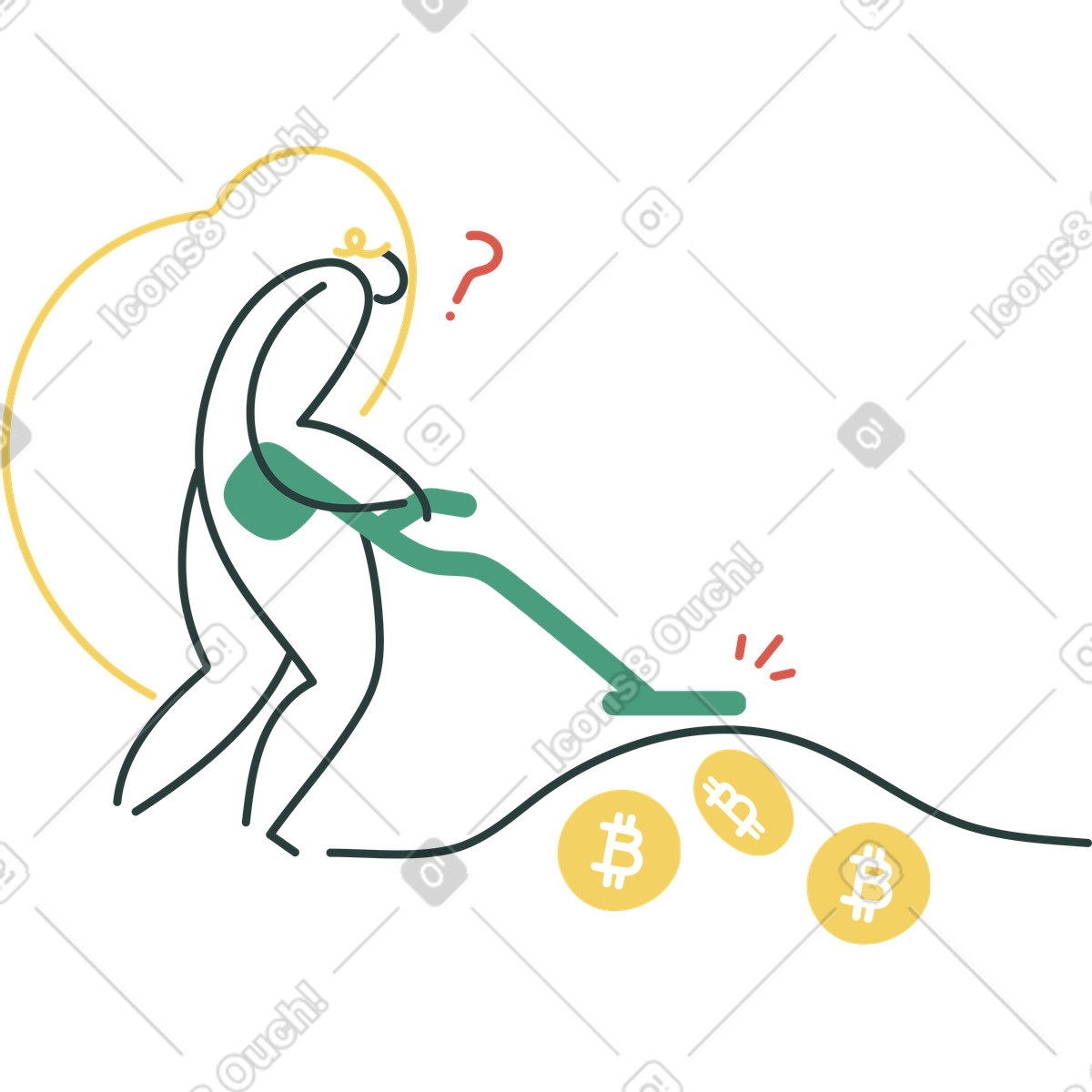 Donna con metal detector alla ricerca di bitcoin illustrazione in stile Macaroni scarica in PNG, SVG