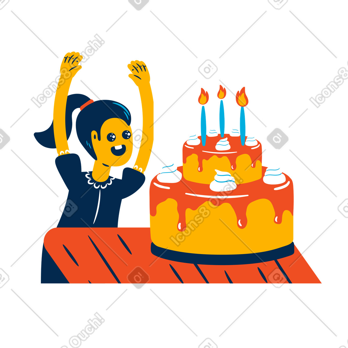 Illustration Fille et grand gâteau d'anniversaire dans le style Flame à télécharger aux formats PNG, SVG