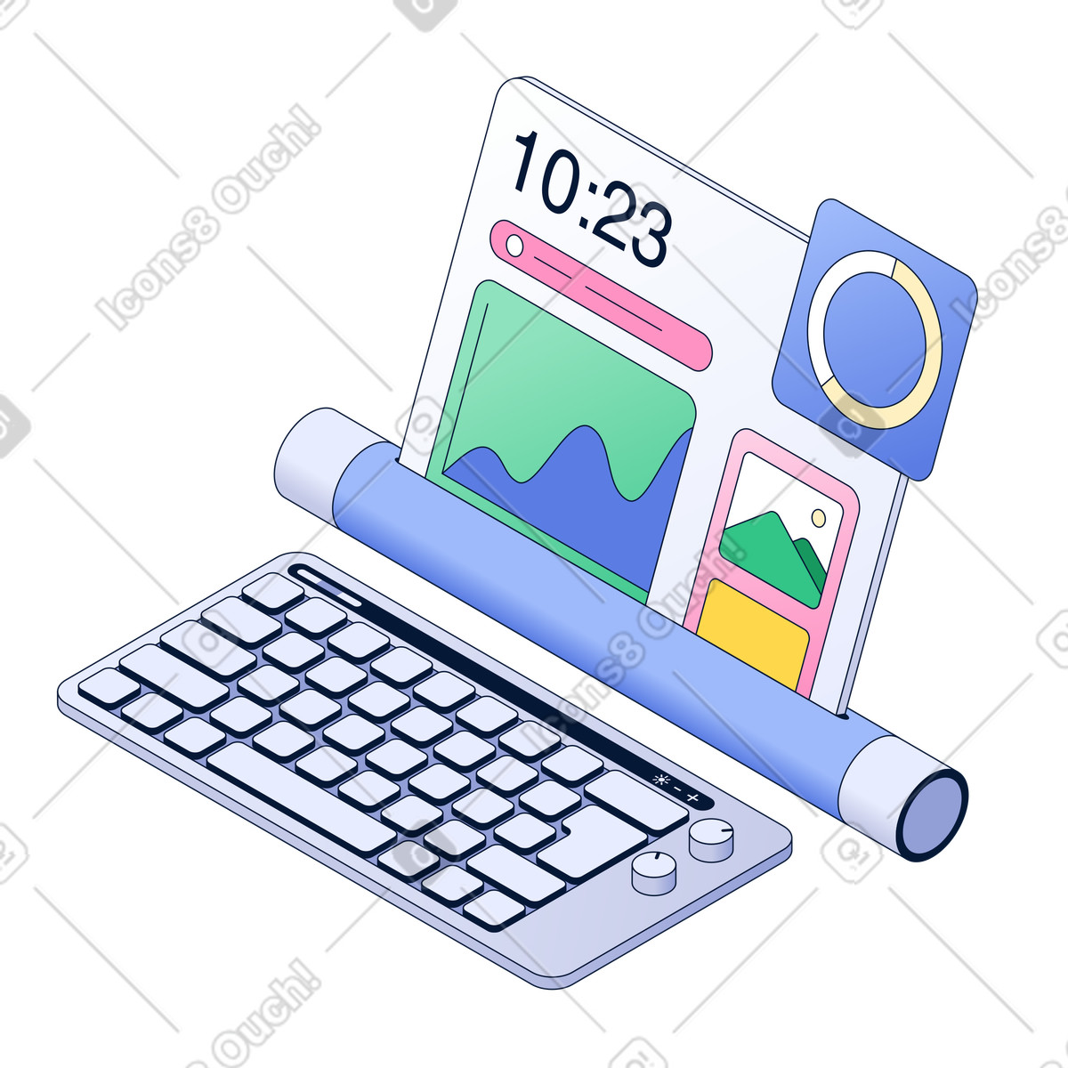 Keyboard and flexible electronic display with UI elements, Modern workplace, Next-gen gadgets for remote work illustration in PNG, SVG