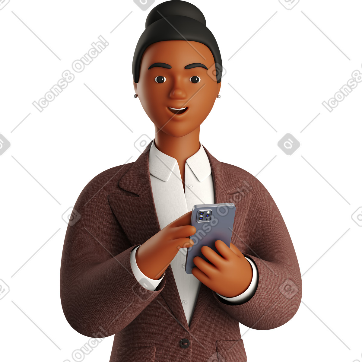 Black businesswoman in brown suit with phone looking straight-Illustration im 3D Business-Stil als Download PNG, SVG