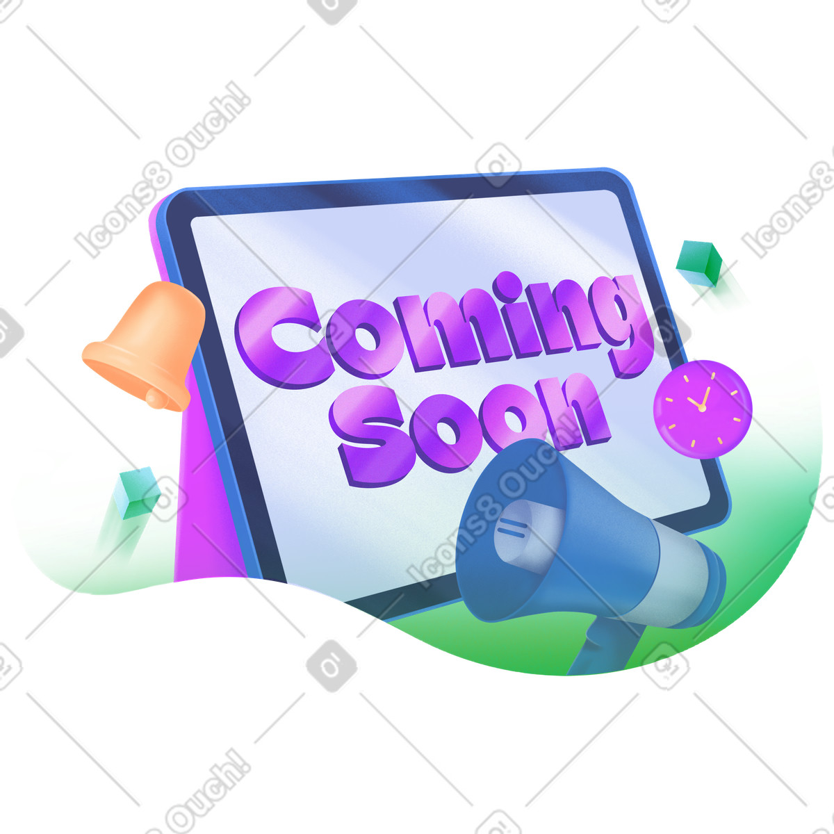 Smart スタイルの Megaphone and coming soon sign on digital screen, Product launch announcement のイラストをPNG、SVG形式でダウンロード