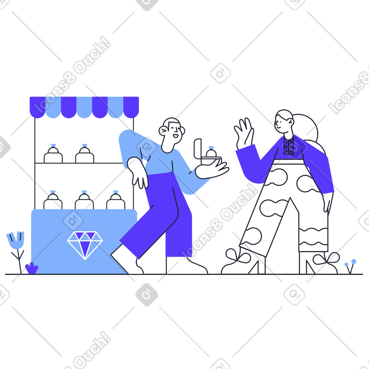 Jewelry store clerk shows a ring to girl illustration in Pablita style download in PNG, SVG
