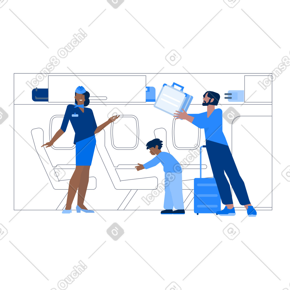 Uomo con figlio su un aereo che mette il bagaglio a mano uno scaffale illustrazione in stile Urban scarica in PNG, SVG