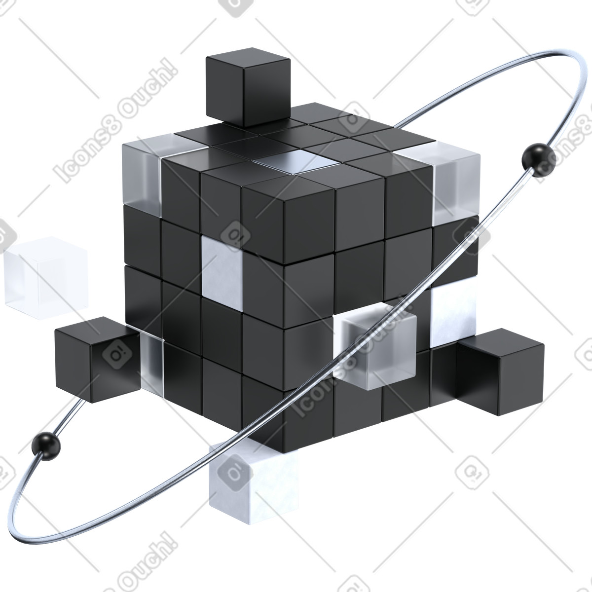 3D Pro スタイルの Cube data integration structure with orbiting nodes and connected blocks のイラストをPNG、SVG形式でダウンロード