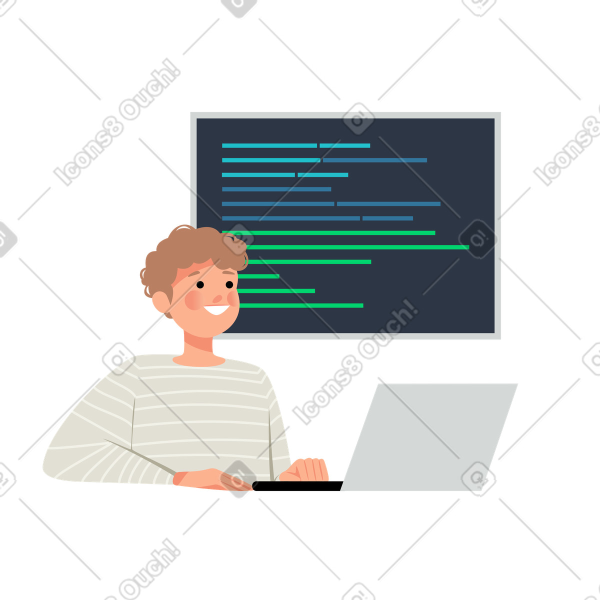 The programmer developes code at his laptop illustration in PNG, SVG