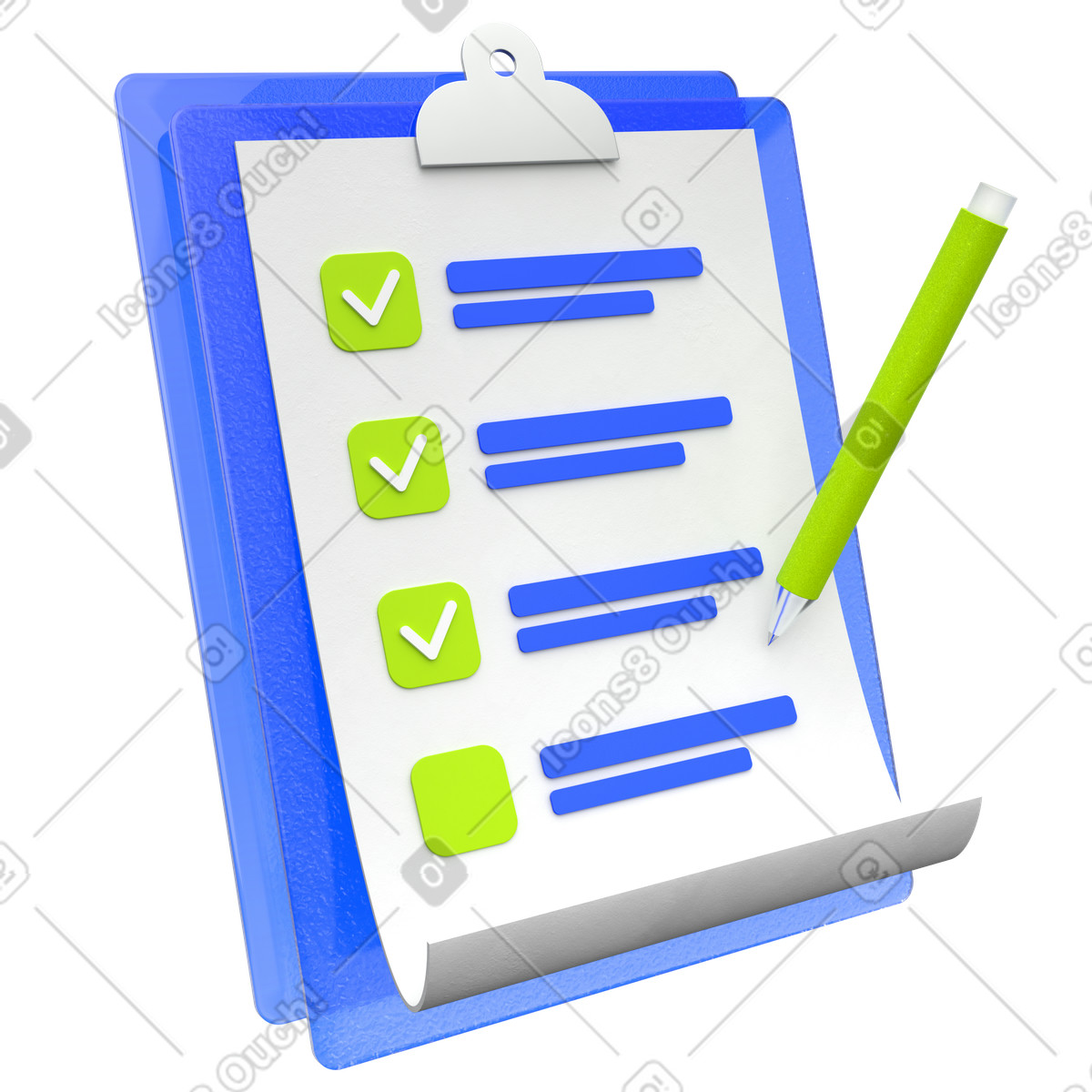 Illustration Presse-papiers avec liste de contrôle et stylo dans le style 3D Enterprise à télécharger aux formats PNG, SVG