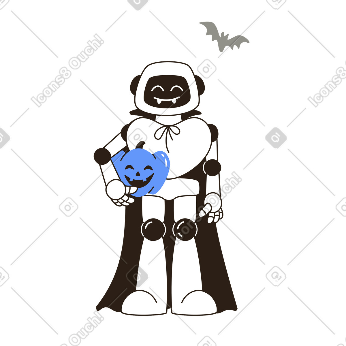 Robot disfrazado de vampiro con linterna de calabaza, evento de halloween y fusión tecnológica. illustration in PNG, SVG