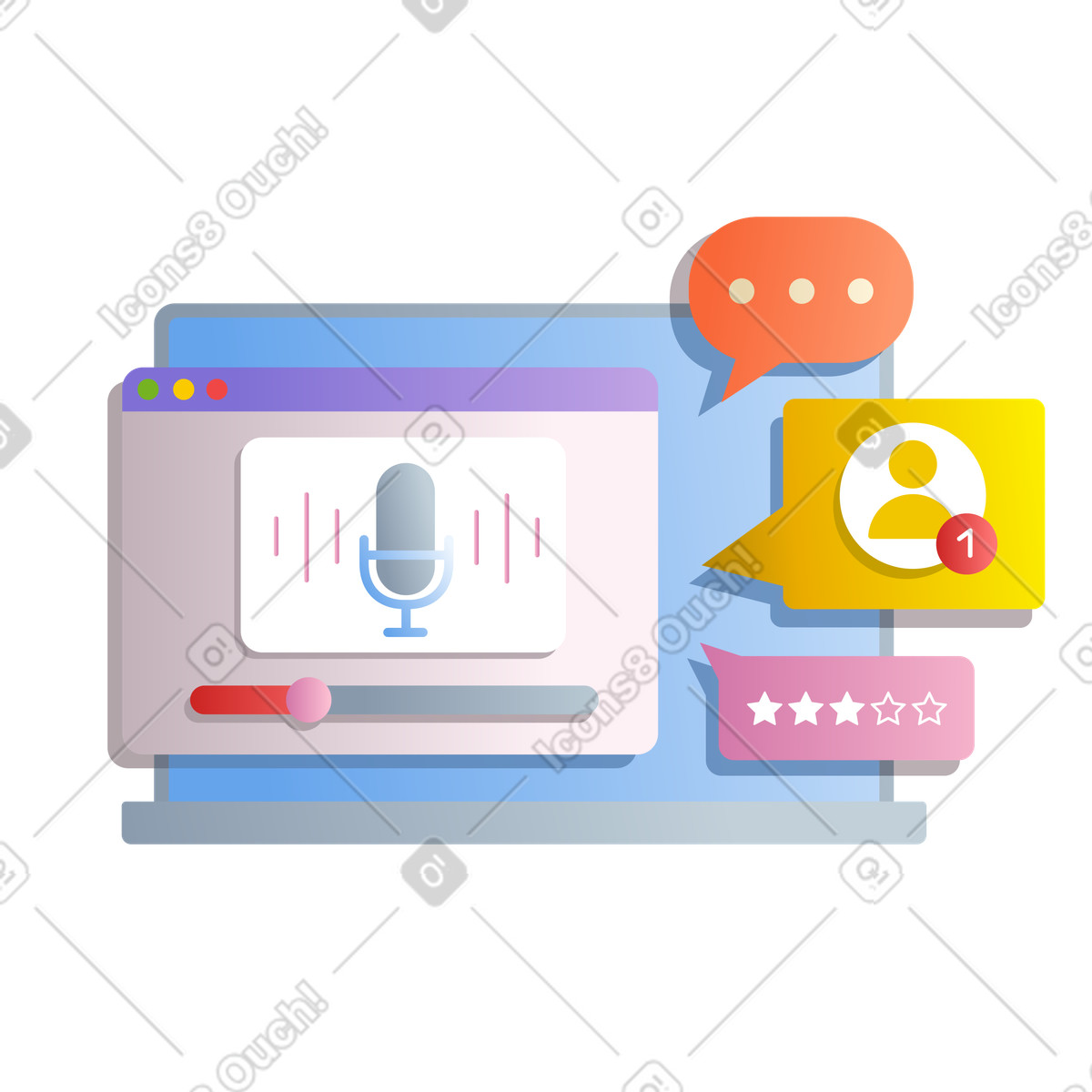 Silky スタイルの ラップトップでポッドキャストを録音する のイラストをPNG、SVG形式でダウンロード