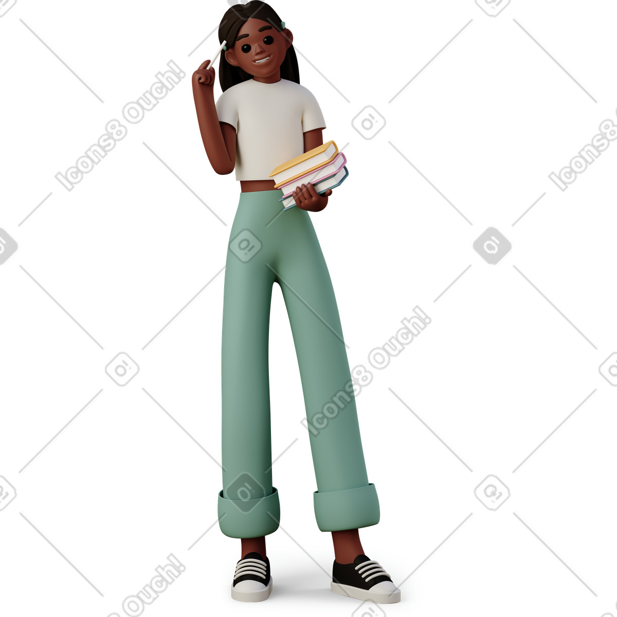 下载 3D Casual life 风格的 Girl with books and pen in hand 插画，支持 PNG、SVG 格式