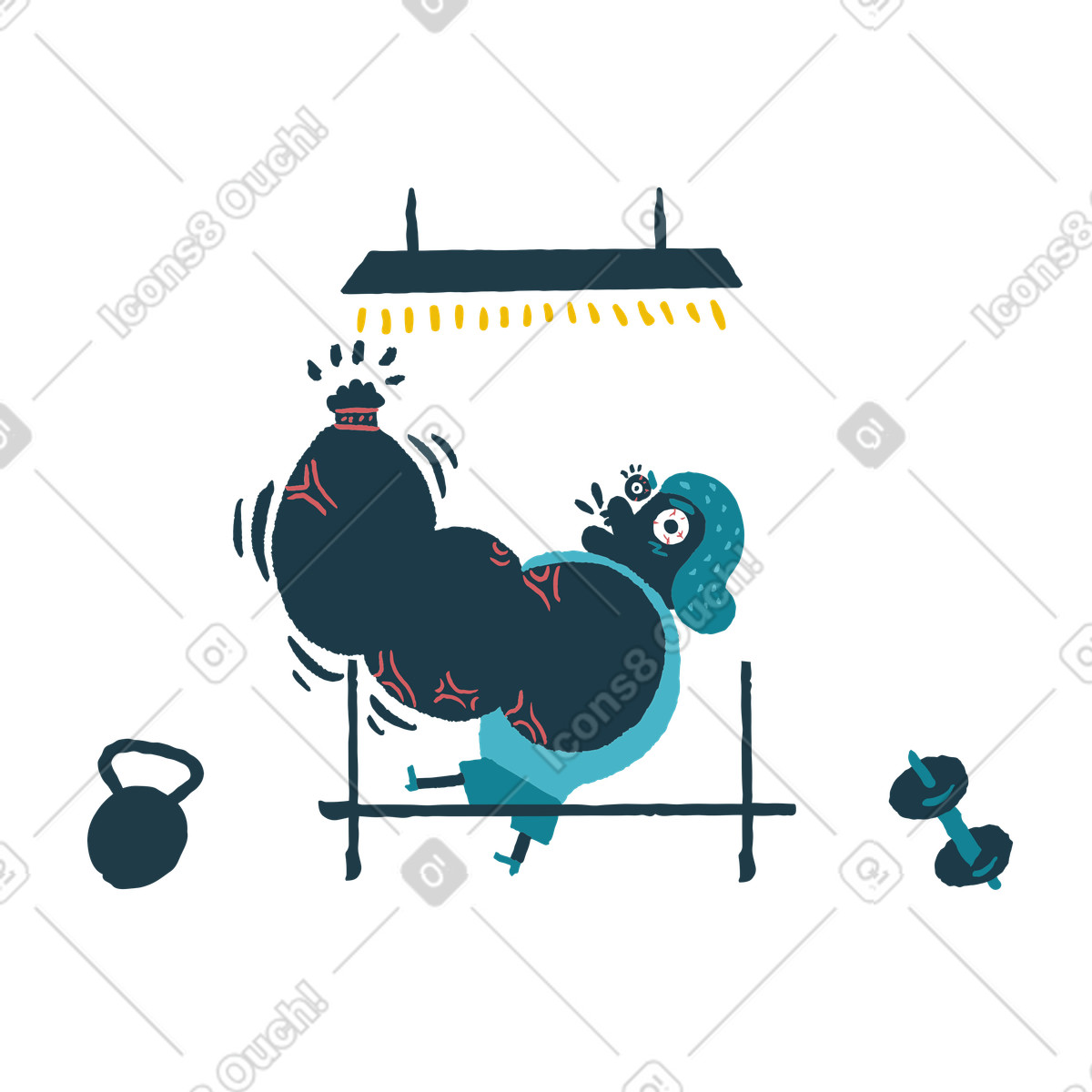 Black creature with muscular arm after dumbbell lifting illustration in Flamenco style download in PNG, SVG