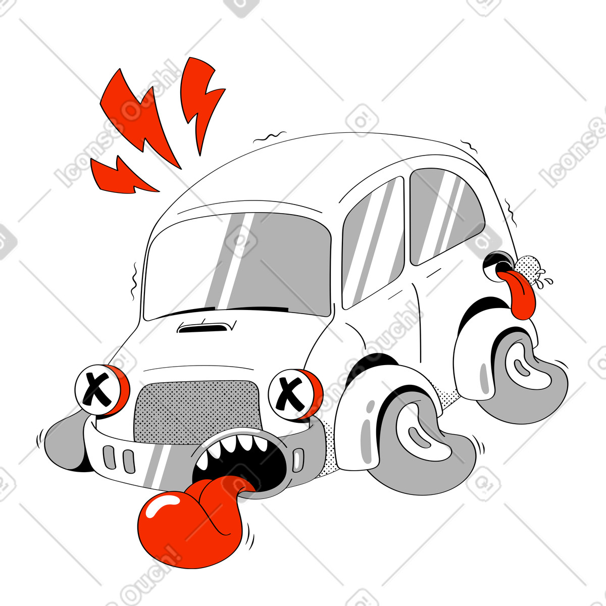 Illustration La voiture brûlée a besoin de carburant dans le style Looney à télécharger aux formats PNG, SVG