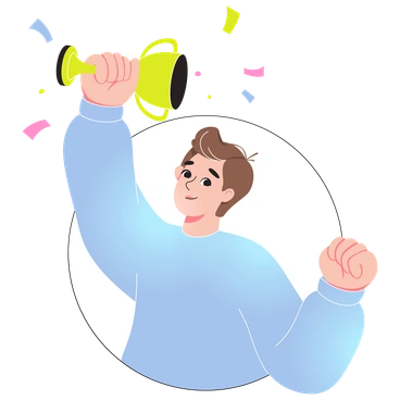 A young man celebrating with a trophy - Like style illustration
