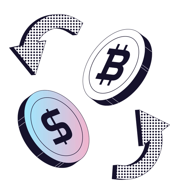 Bitcoin and dollar coins with arrows indicating exchange - Node style illustration