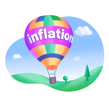 A colorful hot air balloon with a vibrant pattern rising into a clear blue sky. The balloon features the word "inflation" prominently displayed in bold, white letters across its surface. Below the balloon, a picturesque landscape stretches out, with rolling green hills and a few scattered trees. A gentle breeze is indicated by the subtle movement of clouds in the sky, adding to the sense of upward motion.