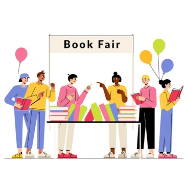 A group of diverse students browsing through colorful books at a school book fair. Each student has a unique hairstyle and clothing style, showcasing their individuality. One student holds a bright red book, excitedly pointing at it while another looks thoughtfully at a stack of books. A display table filled with books of various sizes and colors is in the background, with a large banner above reading "Book Fair". Balloons in various colors float around the fair, adding to the festive atmosphere.