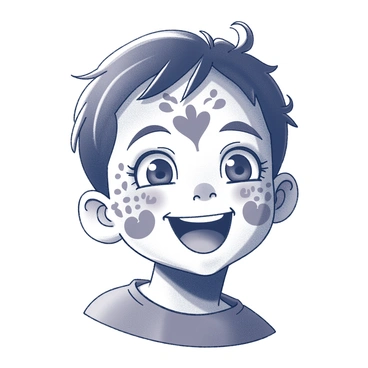 A child with a face painted to resemble a tamarind, featuring intricate and vibrant designs on their cheeks. The child is smiling widely, showcasing a sense of joy and excitement. The face paint includes swirls and patterns that mimic the look of the tamarind fruit, with a playful mix of decorative elements surrounding the main design. The child's hair is tousled, and they are wearing a festive outfit that adds to the celebratory atmosphere.