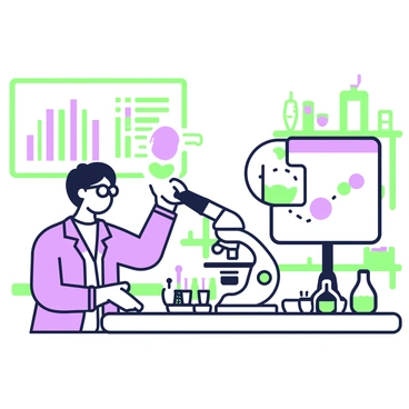 A scientist with glasses is examining a blood sample slide under a microscope. The scientist has short hair and is wearing a lab coat. The microscope has a sleek, modern design and is placed on a laboratory table. On the table, there are several laboratory tools, including a pipette and a set of test tubes. In the background, a digital screen displays graphs and data related to the blood sample. The lab is illuminated with bright overhead lights, and there are shelves filled with scientific equipment and materials along the walls.