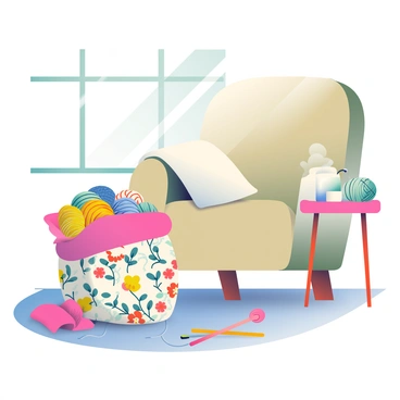 A knitting bag made of fabric with a floral pattern is overflowing with colorful yarn in various shades, including bright pink, deep blue, sunny yellow, and soft green. The bag is positioned on a wooden floor beside a cozy armchair upholstered in beige fabric. The armchair has plush cushions, and a warm knitted blanket is draped over one of its arms. A pair of knitting needles rests on the floor next to the bag, and a small decorative table nearby holds a steaming cup of tea. Natural light is streaming in through a nearby window, casting gentle shadows across the scene.