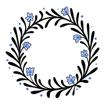 A circular wreath composed of intertwining fern leaves creates a natural base. Delicate bluebells are evenly dispersed throughout the wreath, their bell-shaped blooms adding texture. The arrangement has additional small twigs interspersed for added detail, enhancing the woodland feel. The overall composition is lush and intricate, embodying a connection to nature.