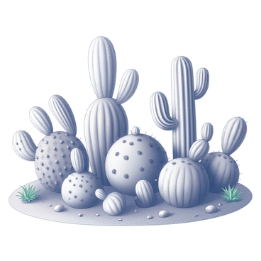 A garden filled with various cacti. Each cactus has a different and playful shape that resembles a unique butt. Some cacti are tall and rounded, while others are short and wide, each exhibiting distinctive curves and contours. The garden is arranged in a natural layout, with some cacti standing alone and others clustered together. The soil surrounding them is textured, showing small pebbles and patches of green vegetation.