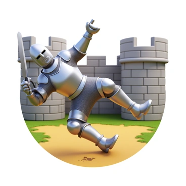 A medieval knight in shining armor is performing leg extensions. The knight is positioned in a training yard with a stone fortress in the background. The armor glints in the sunlight, showcasing intricate designs and engravings. The knight has a focused expression, demonstrating determination and strength. In one hand, the knight holds a sword, and the other hand is raised for balance. The ground is covered with patches of grass and dirt, indicating a well-used training area.