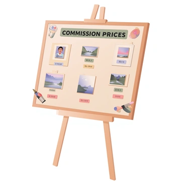 A digital flat illustration of a display board designed for an art exhibition. The board is rectangular and mounted on a simple stand. It features various sections that display "Commission Prices" in bold lettering at the top. Below, there are neatly arranged sample artworks, including a small abstract painting, a portrait, and a landscape, each with labels indicating their respective titles. The prices are displayed next to each sample in a clear font, with different colors for each section to enhance visibility. Decorative elements, such as small paintbrushes and palettes, are illustrated along the edges of the board, adding an artistic touch. The background appears in a neutral tone to keep the focus on the display content.