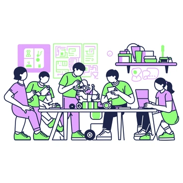 A classroom is filled with students working on hands-on robotics and innovation projects. In the center, a group of three students collaborates around a table, assembling a small robot with various parts. One student is holding a circuit board, while another is attaching wheels to the robot's body. A third student is sketching designs on a notepad. Nearby, another student is programming a laptop, with wires and tools scattered across the table. The walls are adorned with posters of famous inventors and diagrams of robotic systems. There is a shelf in the background filled with tools, spare parts, and colorful project boxes.