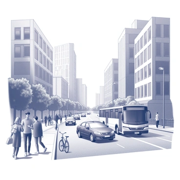 A busy urban street scene. The image features a variety of tall buildings, showcasing different architectural styles, with large windows reflecting the surrounding environment. Pedestrians walk along the sidewalks, some interacting with each other while others are absorbed in their smartphones. A few bicycles are parked near a lamppost, and a city bus is stopping at a nearby bus stop with people waiting. Traffic flows steadily, with cars and taxis moving along the road. Streetlights illuminate the area, and trees line the edges of the street, providing some greenery amidst the urban setting. "A busy urban street scene" is prominently displayed in the center of the composition.