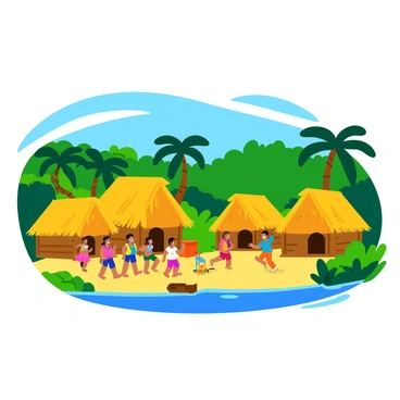 A small indigenous village with several thatched huts constructed from palm leaves and wooden beams. The huts are arranged closely together, creating a cozy atmosphere. In the foreground, a group of children is playing joyfully, some are running and laughing while others are engaged in a game with a handmade toy. The lush greenery of the Amazon rainforest surrounds the village, with tall trees and vibrant plants in the background. The water of the Amazon River glistens under the sunlight, reflecting the surrounding scenery.