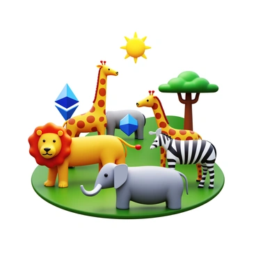 A safari scene featuring various wild animals, each shaped like different cryptocurrency symbols. A lion represents Bitcoin, with a mane that mimics the iconic "B" symbol. Nearby, an elephant is shaped like Ethereum's diamond logo, its large body reflecting the geometric design. A giraffe stands tall, its neck resembling the dogecoin symbol in a playful manner. In the background, a group of zebra-like creatures showcases stripes that echo the Litecoin emblem. The setting includes lush greenery and open savannah, with the sun shining brightly overhead, illuminating the unique shapes of these animals as they roam freely.