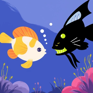 A puffer fish with vibrant orange and white patterns is cautiously approaching a dark, menacing anglerfish that has glowing bioluminescent lure. The puffer fish is slightly puffed up, indicating its cautious nature, while the anglerfish displays sharp teeth and a gaping mouth. The background is filled with shades of deep blue, representing the depths of the ocean, with scattered bubbles rising from the puffer fish. Small coral formations and faintly illuminated plankton can be seen in the surrounding water, adding depth to the underwater scene.