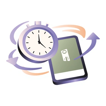 A digital flat illustration featuring a "stopwatch" positioned on the left, with a sleek metallic design and a prominent white dial showing the time at 00:30. Next to it, a "digital payment" icon is depicted, showcasing a smartphone with a bright green screen displaying a credit card symbol in white. Both elements are surrounded by dynamic lines in shades of blue and orange, representing speed and efficiency. The background is light to emphasize the objects in the foreground.