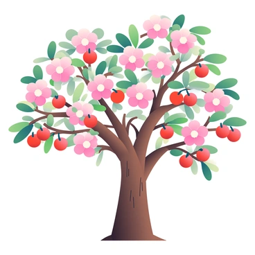 A cherry tree in full bloom stands majestically, its branches adorned with delicate pink blossoms. Clusters of vibrant red cherries dangle from the branches, glistening in the sunlight. The leaves are a rich green, framing the blossoms and fruit beautifully. The tree has a sturdy trunk with a textured brown bark, contrasting with the soft hues of the flowers and the bright cherries. The scene is filled with a sense of abundance as the cherries are ripe and ready for picking.