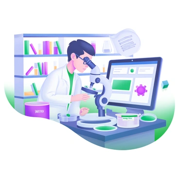 A scientist dressed in a white lab coat is peering into a microscope. The microscope is located on a laboratory table surrounded by various laboratory equipment such as test tubes, petri dishes, and a computer with a visible screen showing data. The scientist has short dark hair and is wearing glasses. On the table, there is a labeled container with "Smallpox Virus Samples." Behind the scientist, shelves are filled with books and scientific journals. The lighting in the lab illuminates the scene, emphasizing the focus on the microscope.
