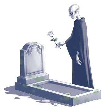 A figure resembling Nosferatu stands beside a nameless grave. The character has elongated features, sharp ears, and a pale complexion, dressed in a dark cloak that flows around him. He extends a bony hand, delicately placing a single "white rose" on the weathered "tombstone." The tombstone is adorned with intricate carvings and is partially covered in moss. The surrounding area is sparse, with a few scattered leaves and shadows cast by nearby trees, creating an atmosphere of solitude and reflection.