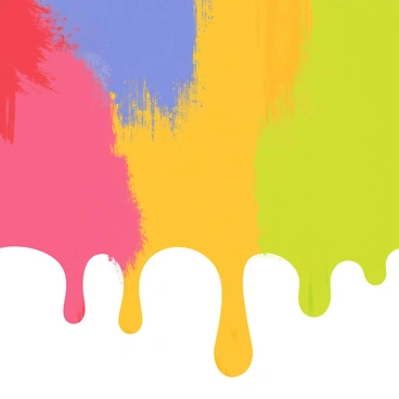 A canvas covered with vibrant paint colors in various shades, including bright reds, deep blues, sunny yellows, and lush greens. The colors are melting and blending into one another, creating a dynamic swirl of hues. Some areas feature drips and puddles of paint pooling at the bottom of the canvas. The texture of the paint is thick and glossy, capturing the light as it reflects off the surface.