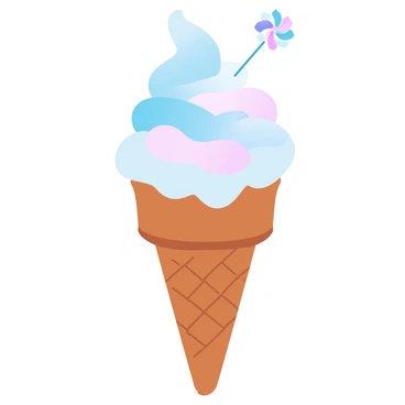 A large, colorful ice cream cone is prominently displayed. The cone is of a classic waffle design, featuring a rich golden-brown color with detailed texture. Atop the cone is a generous scoop of creamy ice cream, which has swirls of pastel colors, blending together harmoniously. Instead of a cherry, a small pinwheel is placed on top of the ice cream. The pinwheel has vibrant colors, with alternating patterns that create a playful look. The background features a soft gradient of pastel colors, enhancing the cheerful theme of the scene.