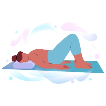 A person is lying on their back on a yoga mat, legs bent at the knees with feet flat on the mat. The person's arms are positioned at their sides, resting comfortably. The background features a subtle gradient of pastel colors. Soft shadows are cast on the mat, indicating the natural light in the room. The overall atmosphere conveys a sense of calm and focus as the person engages in the pelvic tilt exercise.