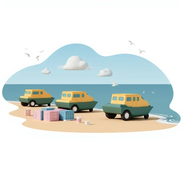 Amphibious vehicles delivering cargo onto a sandy beach