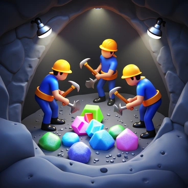 Miners wearing hard hats and safety gear are excavating colorful gemstones shaped like data icons in a cavernous mine. The walls of the mine are illuminated with bright work lights, casting shadows on the rocky surfaces. The miners are using pickaxes and shovels, carefully extracting the sparkling "data gems" from the earth. Some gems resemble bar graphs, pie charts, and binary codes. Dust and small rocks are scattered around, emphasizing the mining activity. The atmosphere is filled with a sense of determination and hard work as the miners focus on their task.