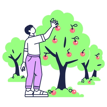A person is standing in an orchard, reaching up to pick fresh cherries from a tree. The individual has short hair and is wearing a light-colored shirt with rolled-up sleeves and comfortable jeans. The cherry tree is lush, with an abundance of ripe red cherries hanging from its branches. The ground beneath the tree is covered with fallen leaves and some scattered cherries. In the background, there are several other trees in the orchard, with sunlight filtering through the leaves, casting dappled shadows on the ground.